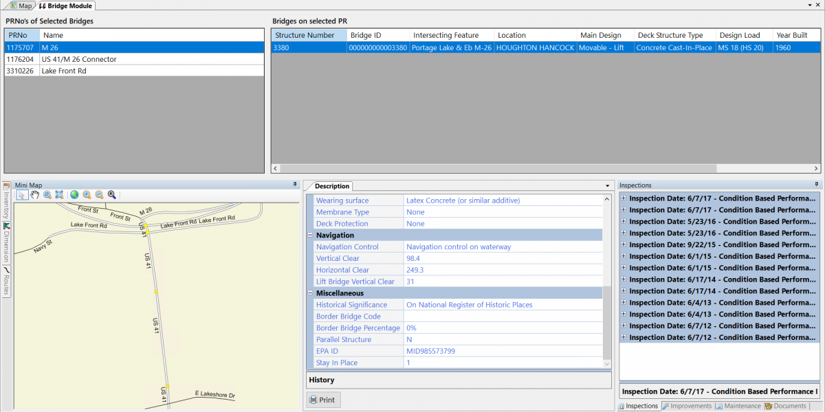 The Bridge Module displays detailed information regarding your bridge's location, condition, surface type, and much more