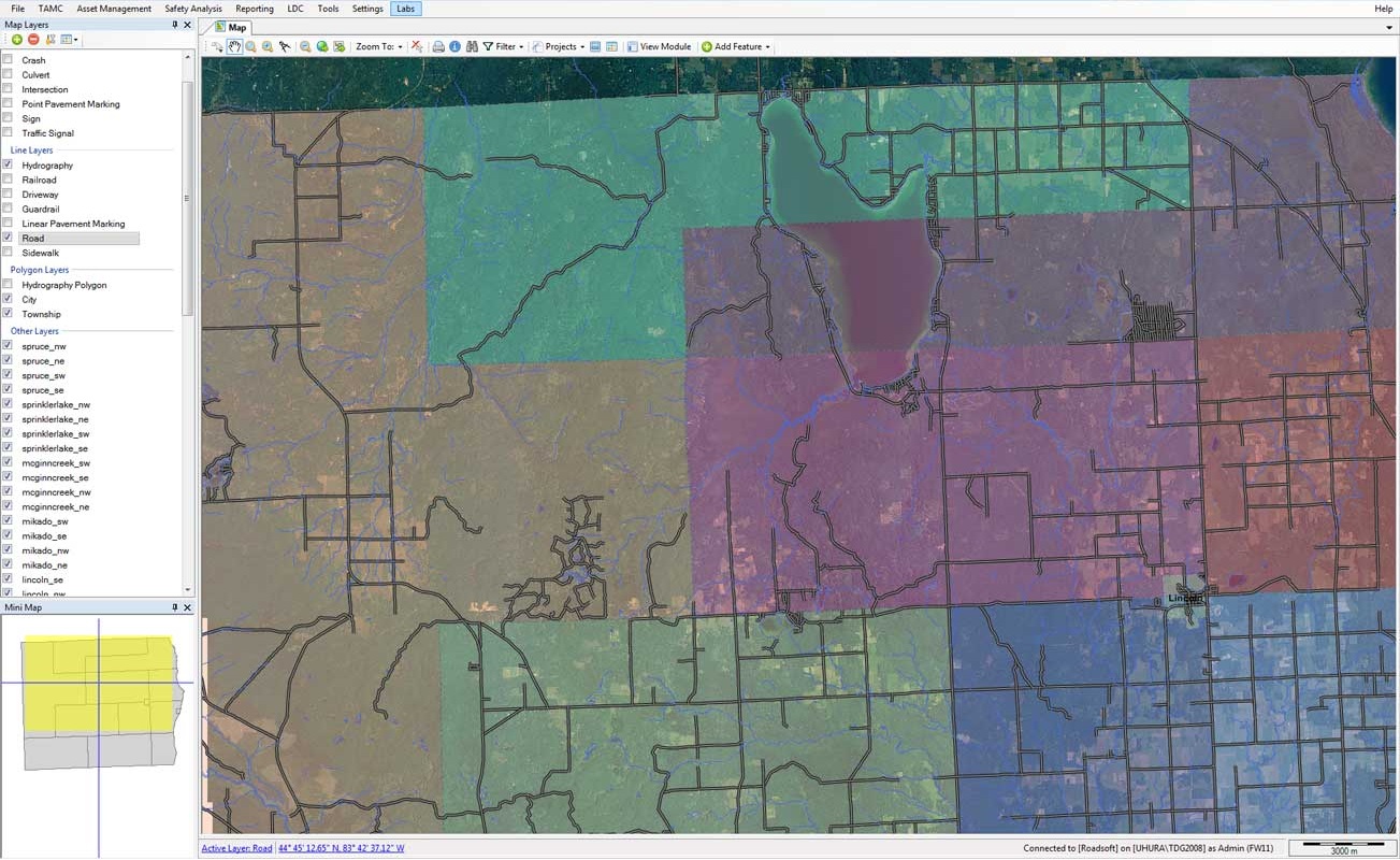 The main interface of Roadsoft with a jurisdictional map loaded