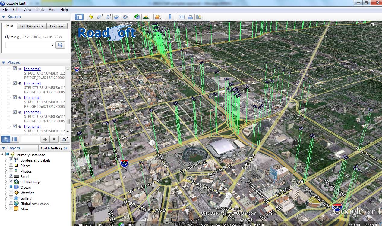 Google Earth displaying data from Roadsoft 